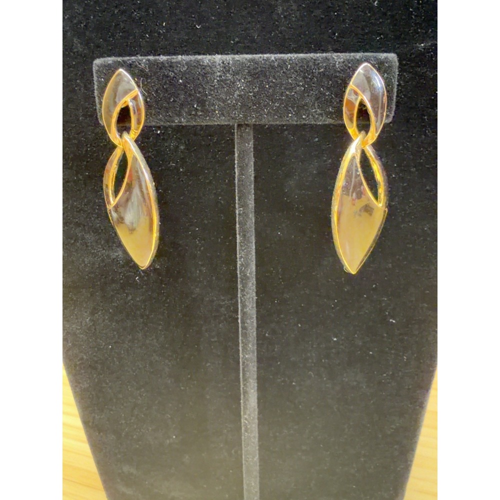 Black Enamel Gold Tone Dangle Earrings Geometric Statement Pierced